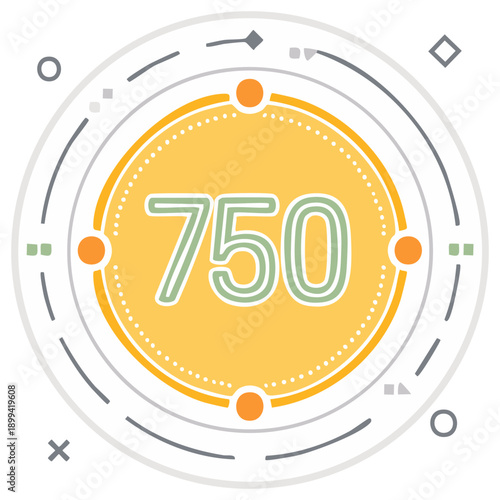 Credit score gauge showing a good rating of 750, modern vector line art icon