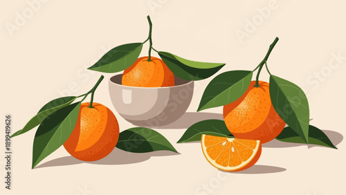 Vibrant oranges with green leaves in a simple, clean still life arrangement