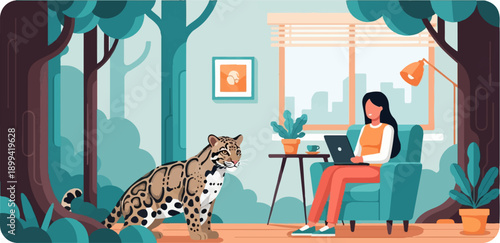 Woman working on laptop with a leopard in a forest room