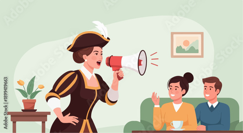 Woman in historical outfit speaks into megaphone to attentive couple