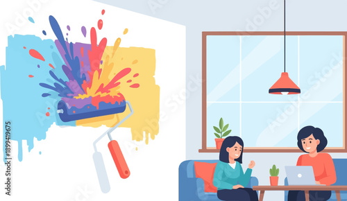 Vibrant paint roller splashes color onto wall; women chat indoors