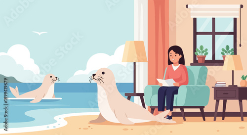 Woman reading in armchair, seals at the beach with ocean and sky