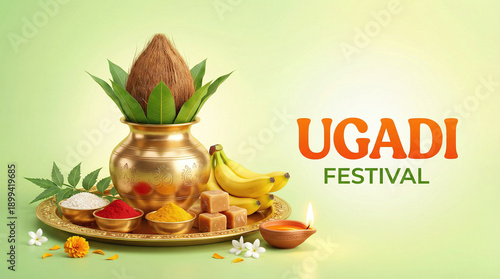 Ugadi Greeting card with Kalash and traditional food pachadi with all flavors for Indian New Year festival Ugadi (Gudi Padwa, Yugadi).