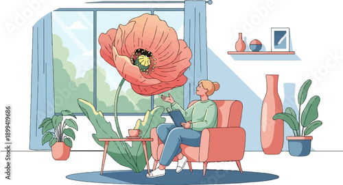 Woman reading in armchair by window with giant poppy and plants