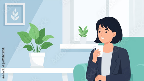 Woman in dark blazer enjoys a cup of tea while relaxing in a serene room