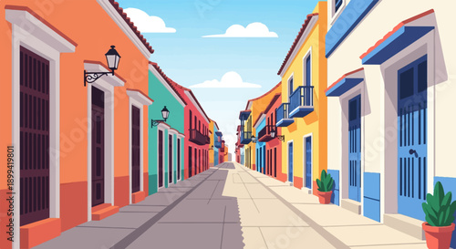 Vibrant, pixelated street scene with colorful buildings under a blue sky