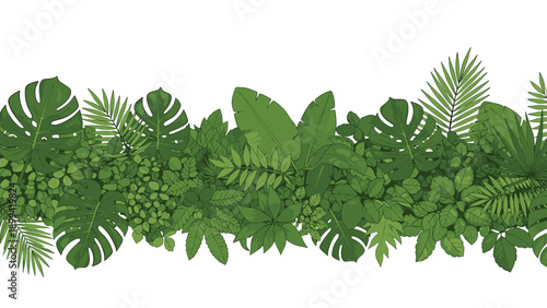 Seamless horizontal border made of dense, lush green tropical leaves like monstera and palm, isolated on a white background.