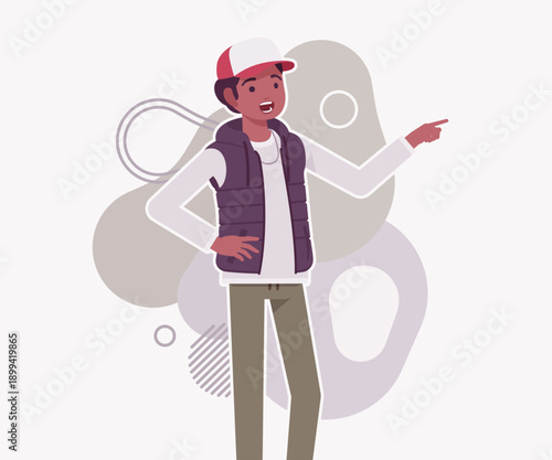 Young dark skin guy wearing cap, vest finger pointing speaker. Boy outdoor camping holiday, male hiking, shipping service delivery courier. Vector flat style cartoon illustration, creative background
