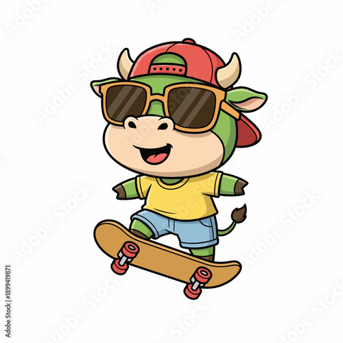 Cute Cartoon Cow Skateboarding with Sunglasses and Hat.