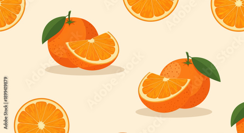Vibrant whole and sliced oranges with green leaves, set on a cream background