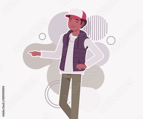 Young dark skin guy wearing cap, vest finger speaker talk. Boy outdoor camping holiday, male hiking, shipping service delivery courier. Vector flat style cartoon illustration, creative background