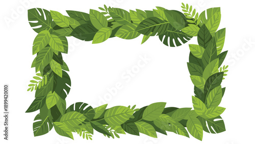 Rectangular frame made of lush green tropical leaves, including monstera, creating a natural border with copy space in the middle.