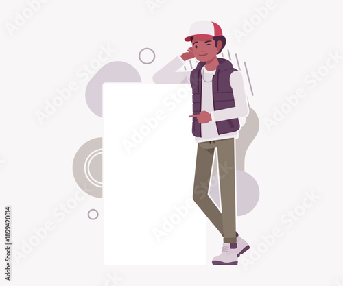 Young dark skin guy wearing cap, vest near empty board. Boy outdoor camping holiday, male hiking, shipping service delivery courier. Vector flat style cartoon illustration, creative background