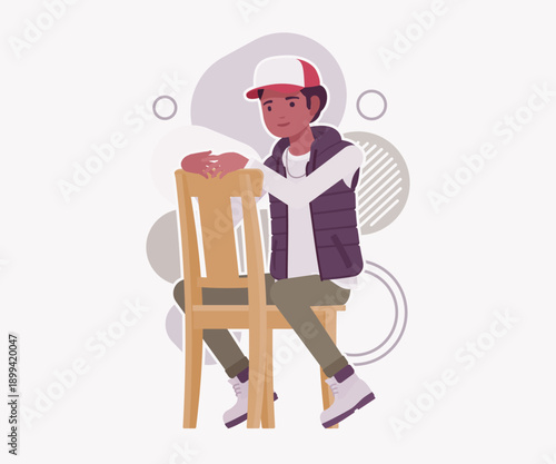 Young dark skin guy wearing cap, vest chair sit pose. Boy outdoor camping holiday, male hiking, shipping service delivery courier. Vector flat style cartoon illustration, creative background