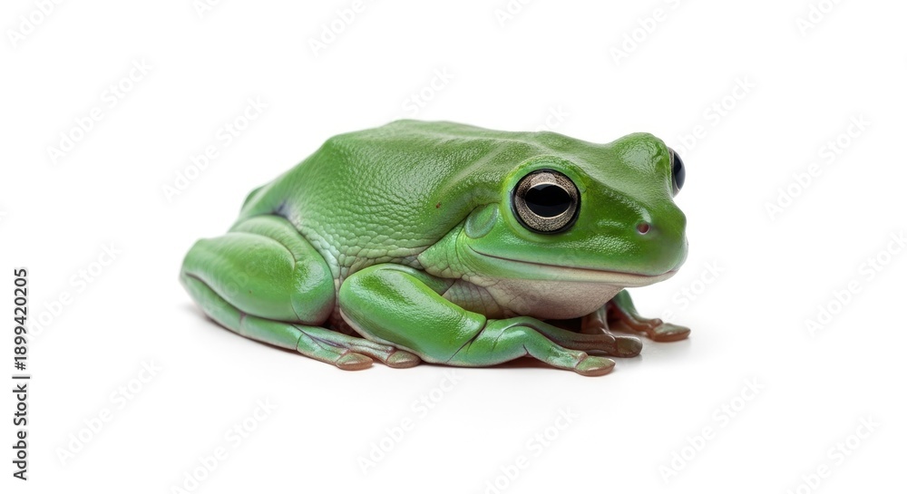 Obraz premium Green Frog Sitting on White Background.