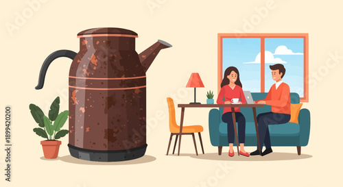 Vintage coffee pot and couple working/relaxing in a room