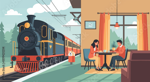 Vintage train at station meets couple dining indoors with view