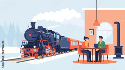 Vintage train passes cozy cafe with people working on laptops