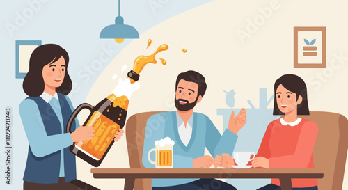 Waiter pouring celebratory bubbly drink for happy people at a cafe table