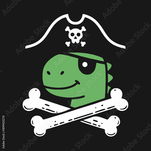 Cute Green Dinosaur Pirate with Eyepatch and Skull Crossbones Hat.