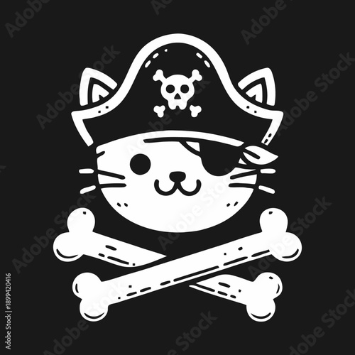 Cute Pirate Cat with Eyepatch and Crossbones Illustration.