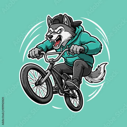 Aggressive Wolf Character Riding a BMX Bike with Intense Expression.