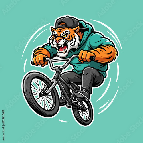 Aggressive Tiger Character Riding a BMX Bike with Fierce Expression.