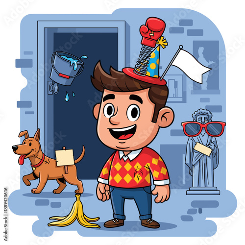 Cartoon illustration of a smiling pirate boy playing guitar in a fun and humorous style