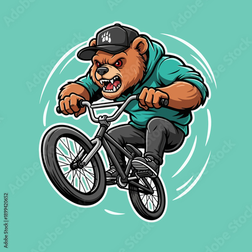 Angry Bear Character Riding a BMX Bike with Aggressive Stance.