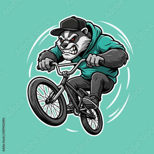 Angry badger mascot riding BMX bike with intense expression.