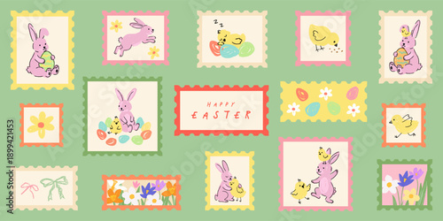 Happy Easter greeting card or banner. Set of cute and trendy hand drawn Easter postage stamps or stickers featuring a chick, easter bunny, eggs and spring flowers in pastel colors. Vector illustration
