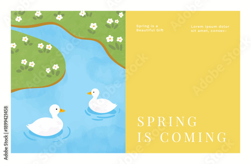 Abstract Green Summer landscape background vector set. Nature wallpaper of white flowers and duck. Watercolor illustration for cover, wall art, decoration.