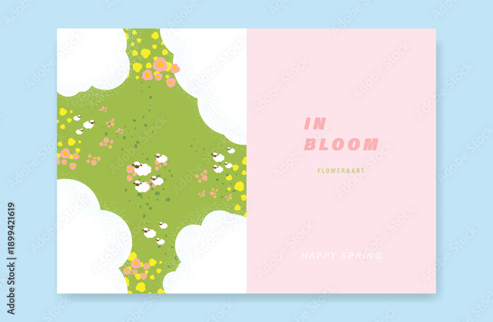 Fototapeta premium Abstract Green Summer landscape background vector set. Nature wallpaper of green field on mountain, yellow flowers, blue sky , little sheep . Watercolor illustration for cover, wall art, decoration.