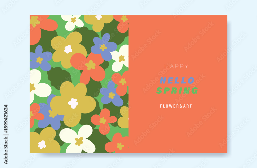 Fototapeta premium Abstract Green Summer landscape background vector set. Nature wallpaper of colorful flowers. Watercolor illustration for cover, wall art, decoration.