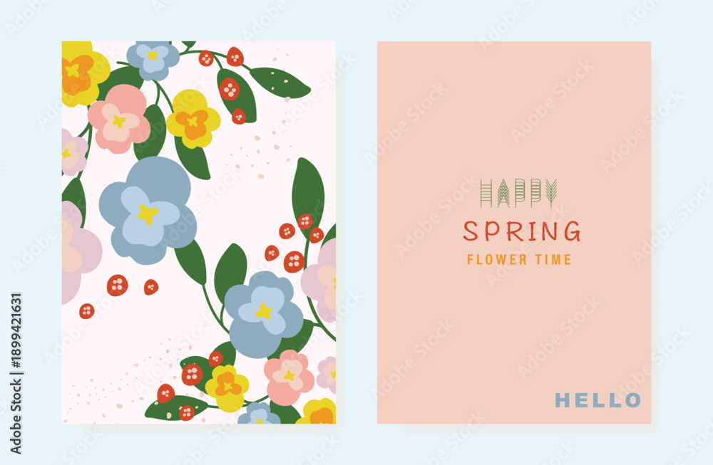 Fototapeta premium Abstract Green Summer landscape background vector set. Nature wallpaper of colorful flowers. Watercolor illustration for cover, wall art, decoration.