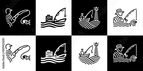 Vector Set of 4 Fish Hook Bait Catch Outline Nautical Emblems