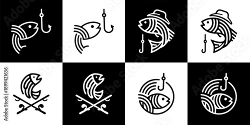 Vector Set of 4 Fisherman Angler Outdoor Activity Monochrome Icons