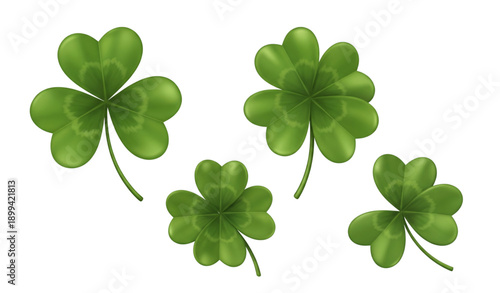 Four leaf clover luck symbols realistic 3D vector illustration isolated on transparent background