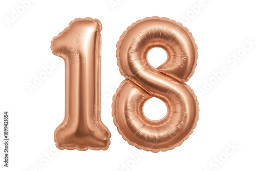 Rose gold number 18 balloons celebrating birthday anniversary