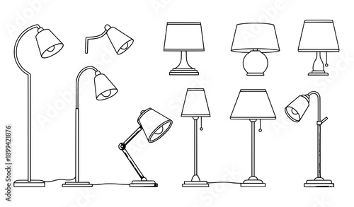 Cartoon floor and table lamps vector set with different lampshades isolated on white background