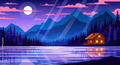 Serene Mountain Landscape with Cozy Cabin by the Lake A Stunning Vector Illustration for Your Digital Designs