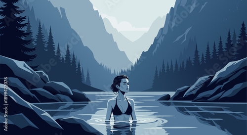 Serene Mountain Lake Vector Illustration A Woman Enjoys a Refreshing Dip in a Breathtaking Landscape