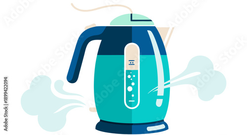 vector illustration of a modern teal and navy electric kettle steaming with water level indicator on a white background