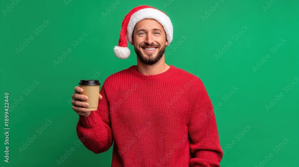 Fototapeta premium Man in a red sweater is holding a coffee cup and wearing a Santa hat. He is smiling and he is enjoying his drink
