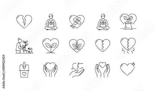 Heart healing and emotional wellness icons set featuring broken heart repair mental health recovery self care meditation growth and compassion symbols in minimalist line art style for psychology