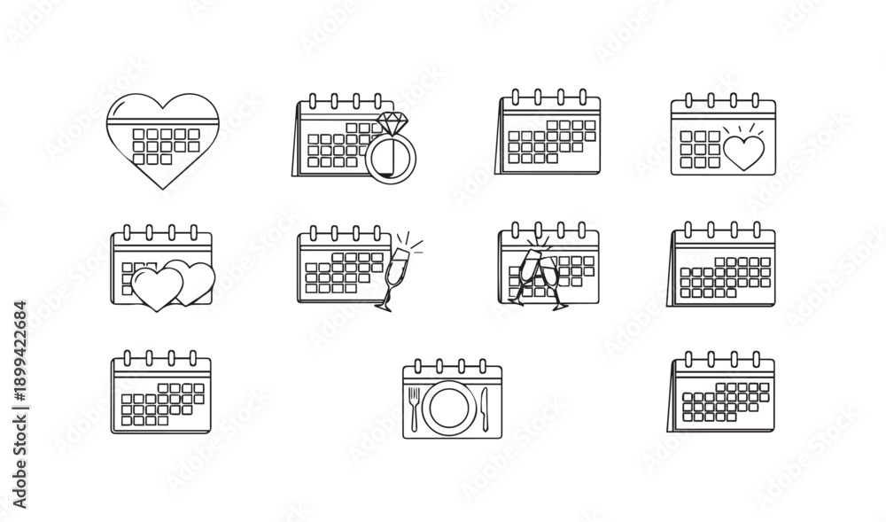Fototapeta premium Wedding calendar event line icon set, heart and rings on calendar, marriage appointment symbols, love celebration planner linear icons
