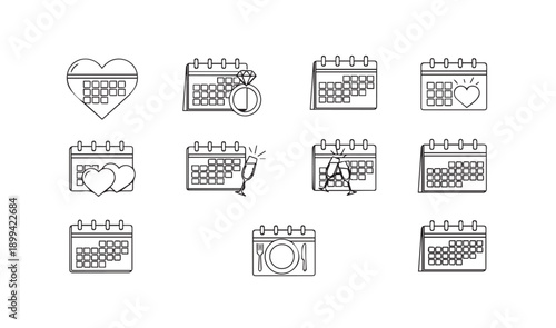 Wedding calendar event line icon set, heart and rings on calendar, marriage appointment symbols, love celebration planner linear icons