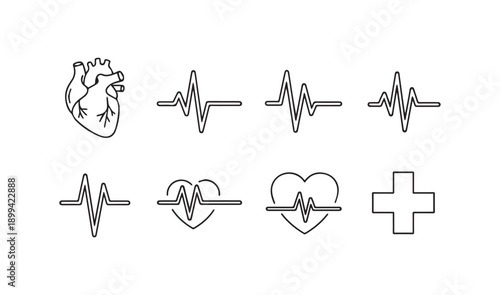 Human heart and heartbeat line icon set, medical pulse wave symbols, cardiology and healthy rhythm linear icons