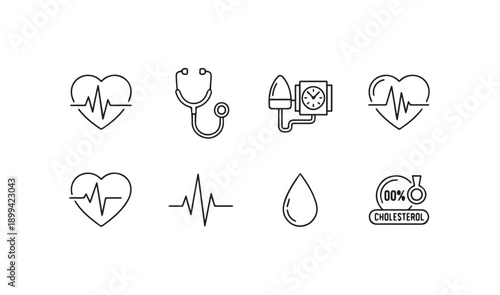 Collection of medical icons featuring heartbeat, stethoscope, blood pressure monitor, and cholesterol symbol, healthcare vector art