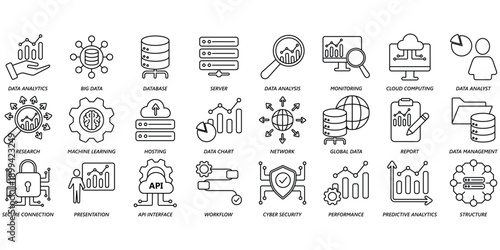A collection of Data analytics icons set. Contains icons for groups.big data,database,monitoring,cloud,global data, computing,presentation,hosting. Vector illustrations of company icons.